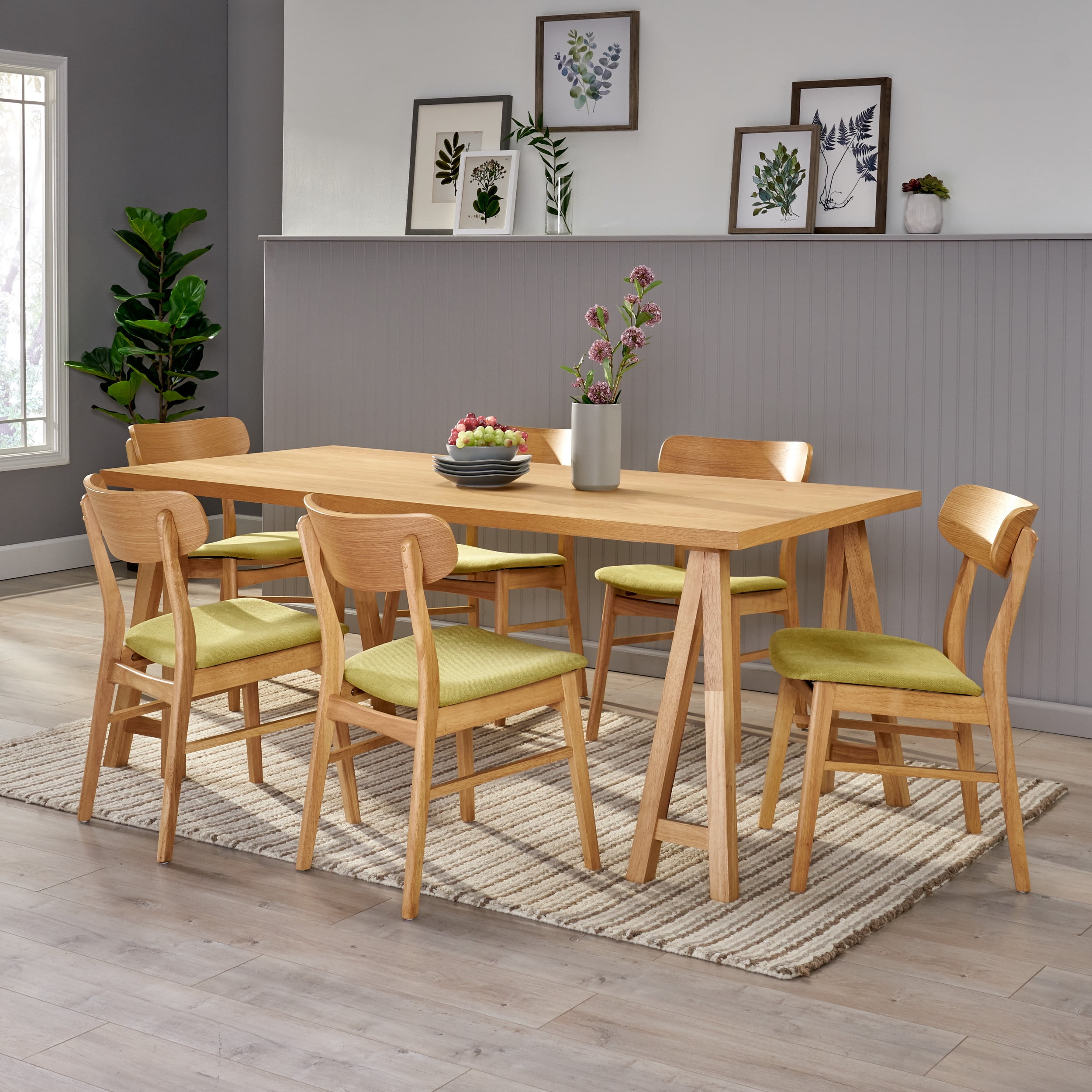 Noble House Lucas Mid-Century Modern 7 Piece Dining Set, Green Tea and Natural Oak