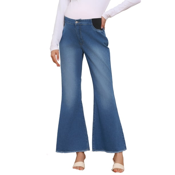 INSPIRE CHIC Pantalones de maternidad de mezclilla para mujer, corte acampanado, elásticos, de tiro medio, con dobladillo deshilachado, pantalones de embarazo, jeggings 2XL Azul