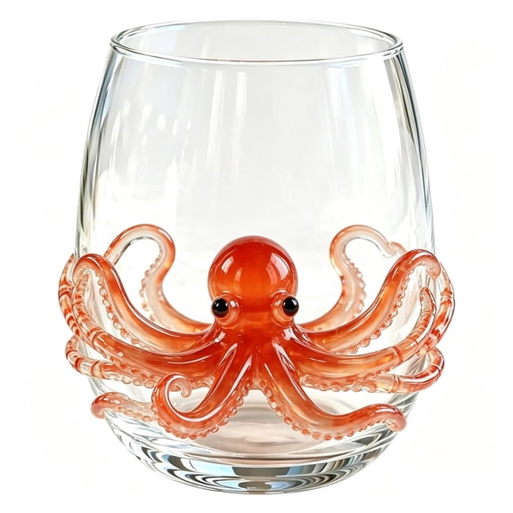 BingTong Artisanal Blue Ringed Octopus Glassware, 3D Octopuses Stemless Wine Glasses, Handcrafted Marine Animal Bar Glass, Coastal Home Decor Gift For Ocean Lovers D-E