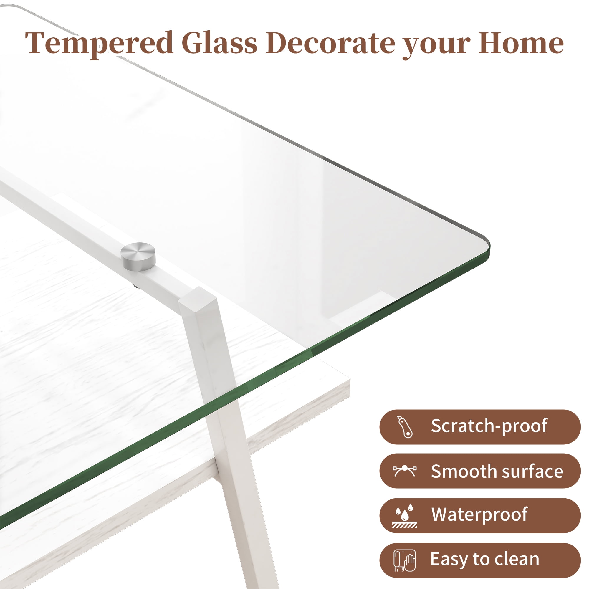 MAYEERTY Rectangle Coffee Table with Tempered Tempered Glass Top and White Metal Legs