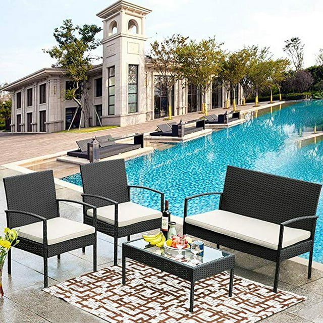 Topcobe Outdoor Patio Dining Set, 4 Piece Patio Wicker Furniture Seating Conversation Rattan Chair Glass Table (Brown Wicker, White Cushions)