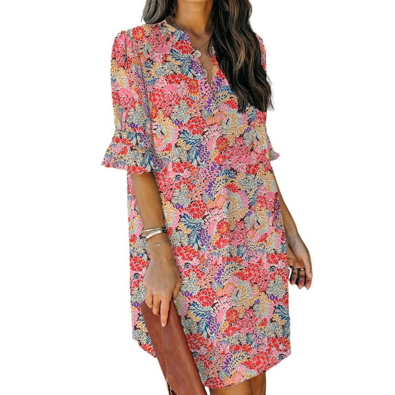 Asyoly Casual Summer Dresses for Women Floral Print High Waist Boho Dress Ruffle Short Sleeve Mini Dress V Neck Shirt Dresses
