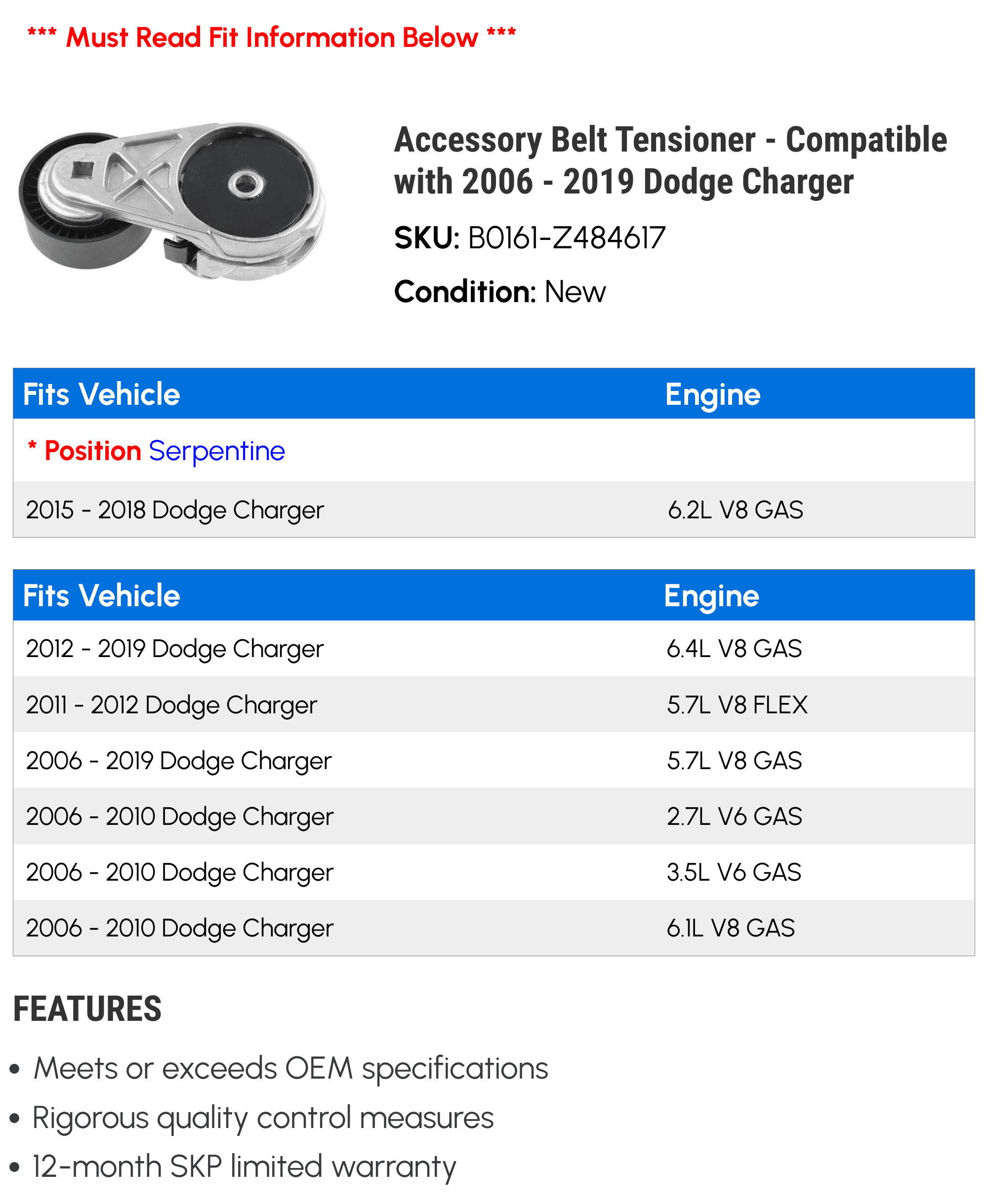 Accessory Belt Tensioner - Compatible with 2006 - 2019 Dodge Charger 2007 2008 2009 2010 2011 2012 2013 2014 2015 2016 2017 2018