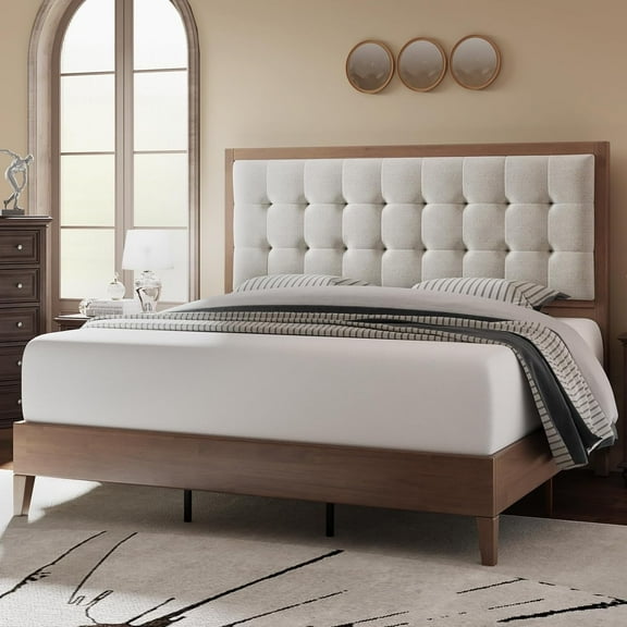 LUXOAK Queen Bed Frame, Wood Platform Bed with Upholstered Headboard, Walnut