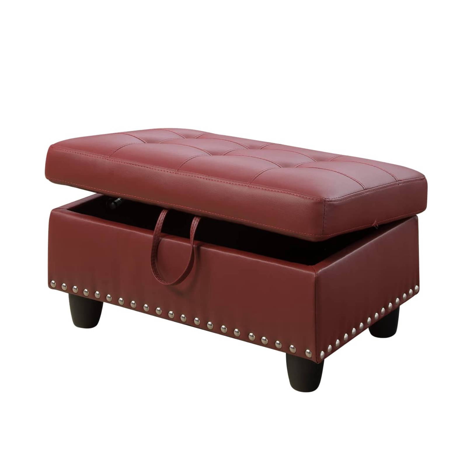 Faux Leather Storage Ottoman Bench, Square Ottoman with Nailhead Trim, Footrest Stool Bench Coffee Table for Living Room,Entryway, Red