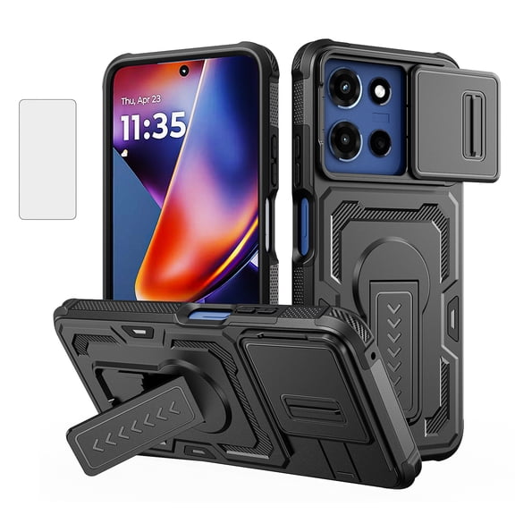 Allytechgroup Case for Motorola Edge (2025) with Screen Protection, Built-in Slide Camera Cover Kickstand Shock-Absorbent Non-Slip PC TPU Military Grade Drop Protection, Black