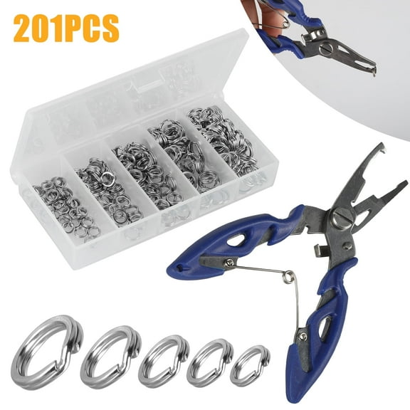 201Pcs Split Fishing Rings, DISEN Heavy Duty Stainless Steel Fishing Lures Ring Chain Connector, High-Strength Snap Loop Lure Tackle Connector Kit with Fishing Plier 30lb to 120lb(5 Sizes)