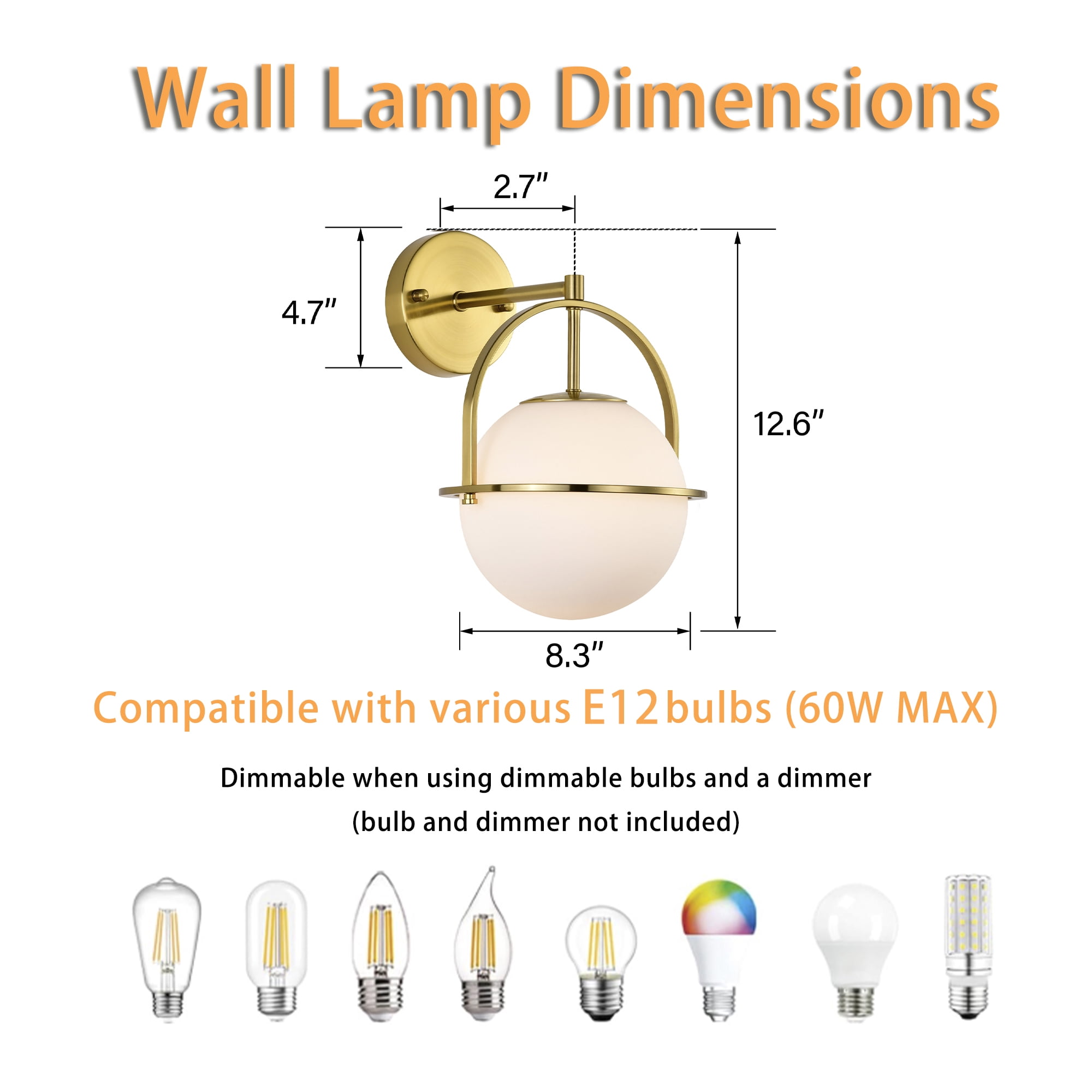 ASHOP Gold Wall Sconce Set of 2 Globe Glass Light Fixtures Mid-Century Modern Lamp with Frosted Shade