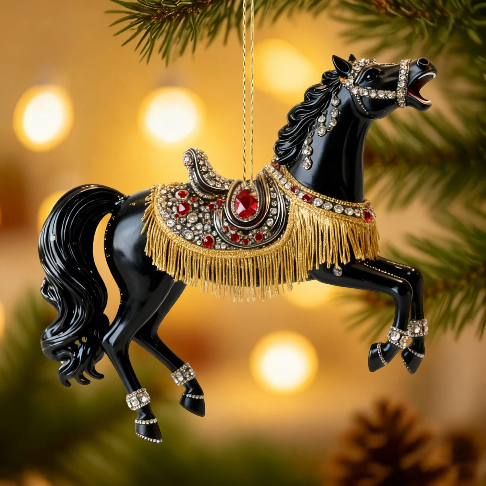 Jeweled Black Horse Christmas Tree Ornament Hanging Pendant with Fringe ...