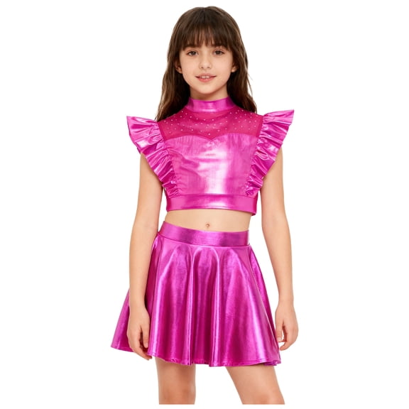 TiaoBug Cheerleading Outfits for Girls Shiny Metallic Crop Top with Skirt Jazz Latin Ballroom Dance Dress Hot Pink 10