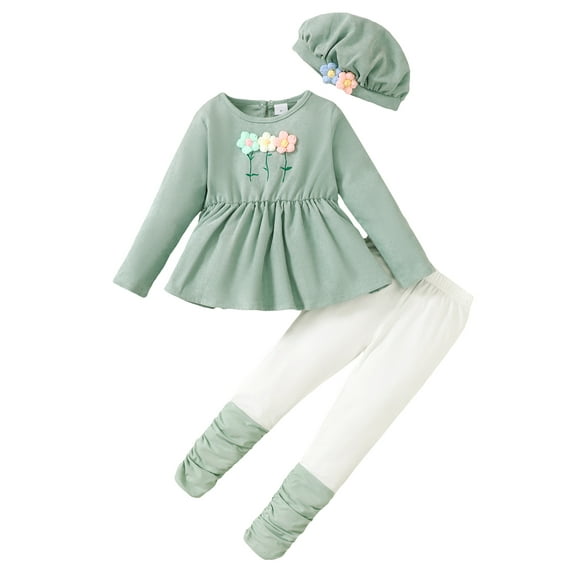 Mikrdoo Girls Spring Autumn Clothes Floral Long Sleeve Ruffle Tops Elastic Frill Pants Hat 4 5 6 7 Little Girls Cute Outfits