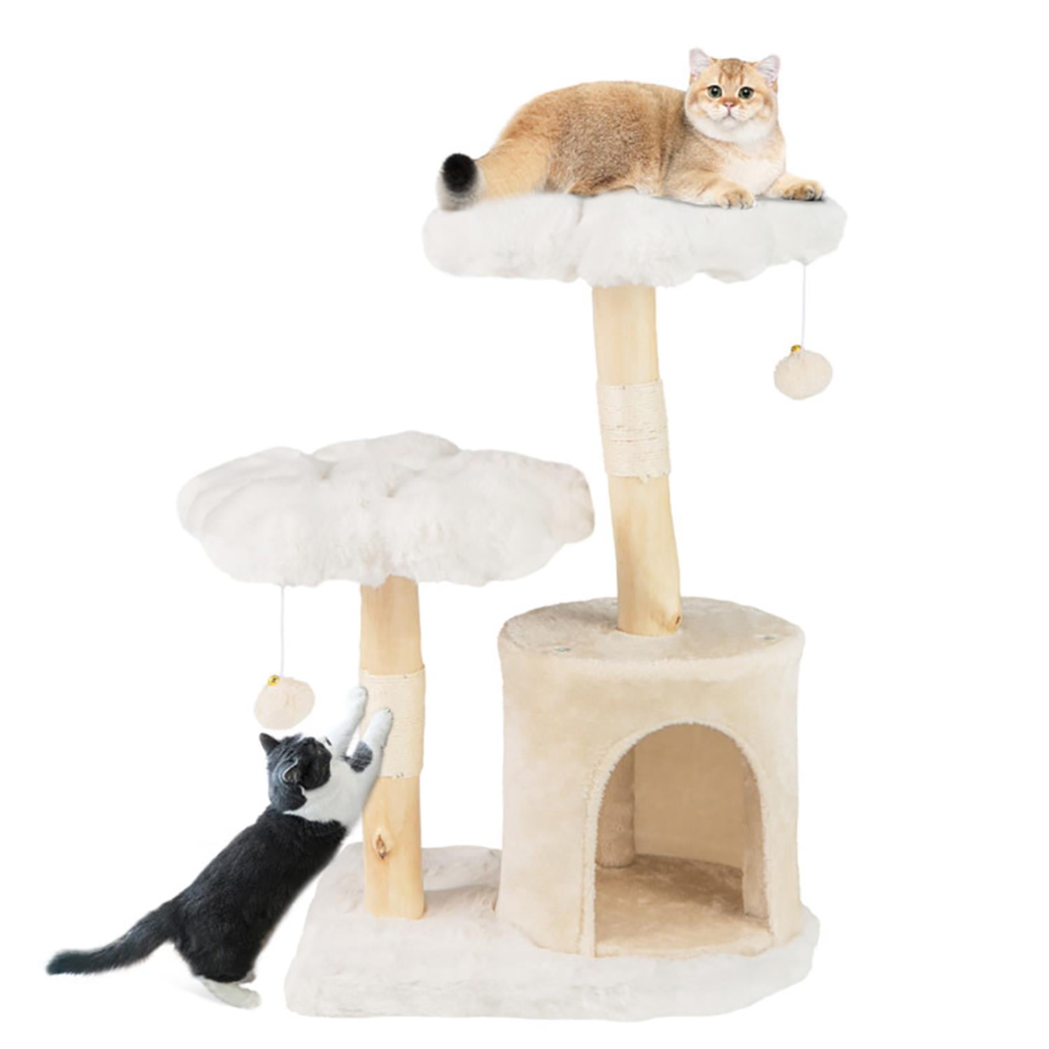 resenkos 32" Cat Tree Tower with Natural Branch for Indoor Cats, Cute Plush Cat Tree House with Scratching Posts and Dangling Ball, Beige
