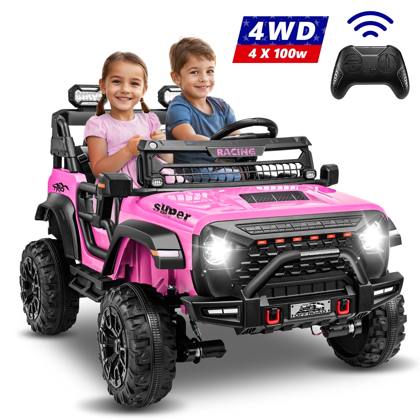 VIBESPARK 24 Volt 2-Seater Ride on Toys with Remote Control, 9AH Electric Car for Kids, 4WD Battery Powered Ride on Truck Car, Power Car Wheels w/ Bluetooth, Music, Spring Suspension, 3-Speed, Pink