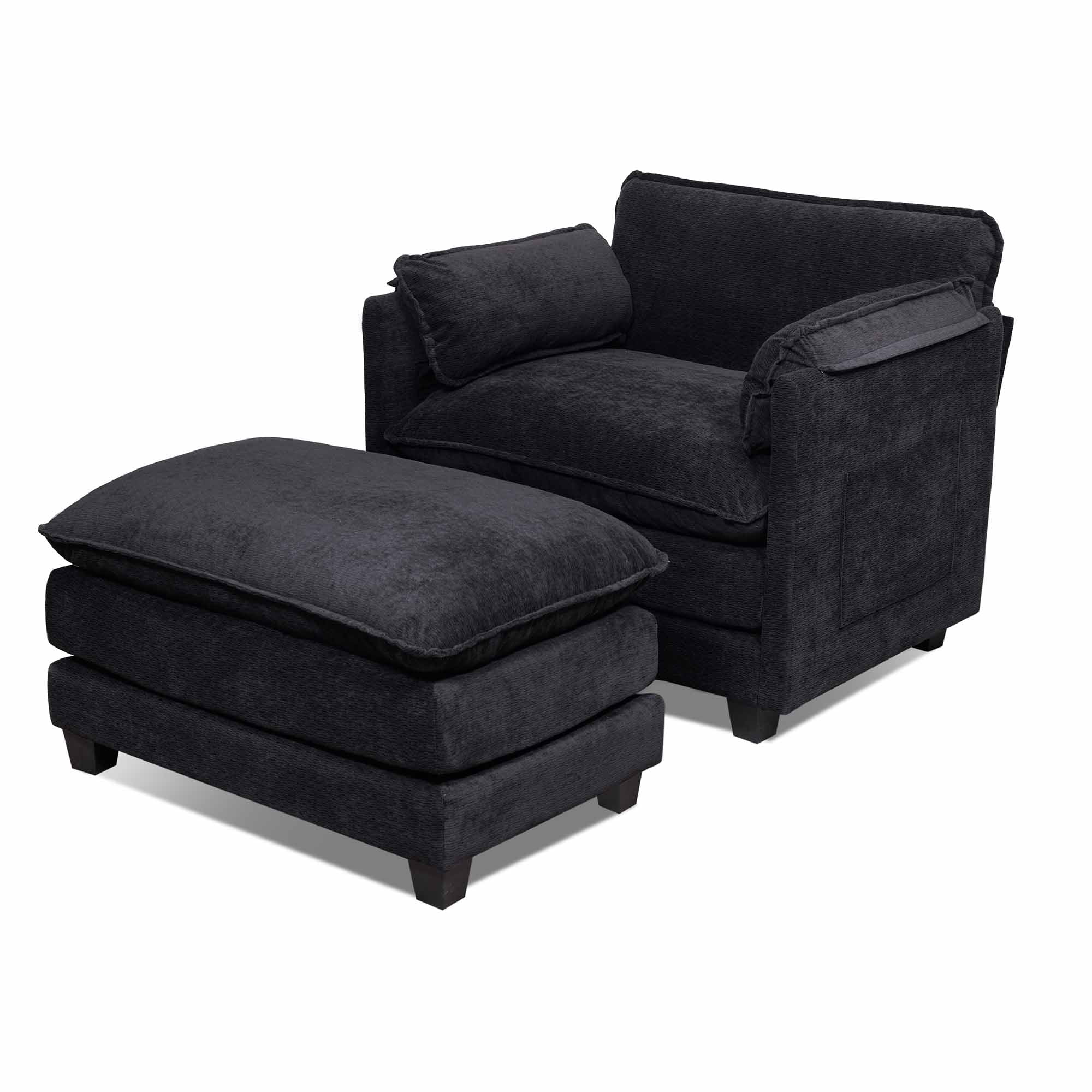 Lunale Oversized Modern Accent Chair with Ottoman, Lounge Reading Armchair, Single Sofa Chair for Living Room, Black Boucle