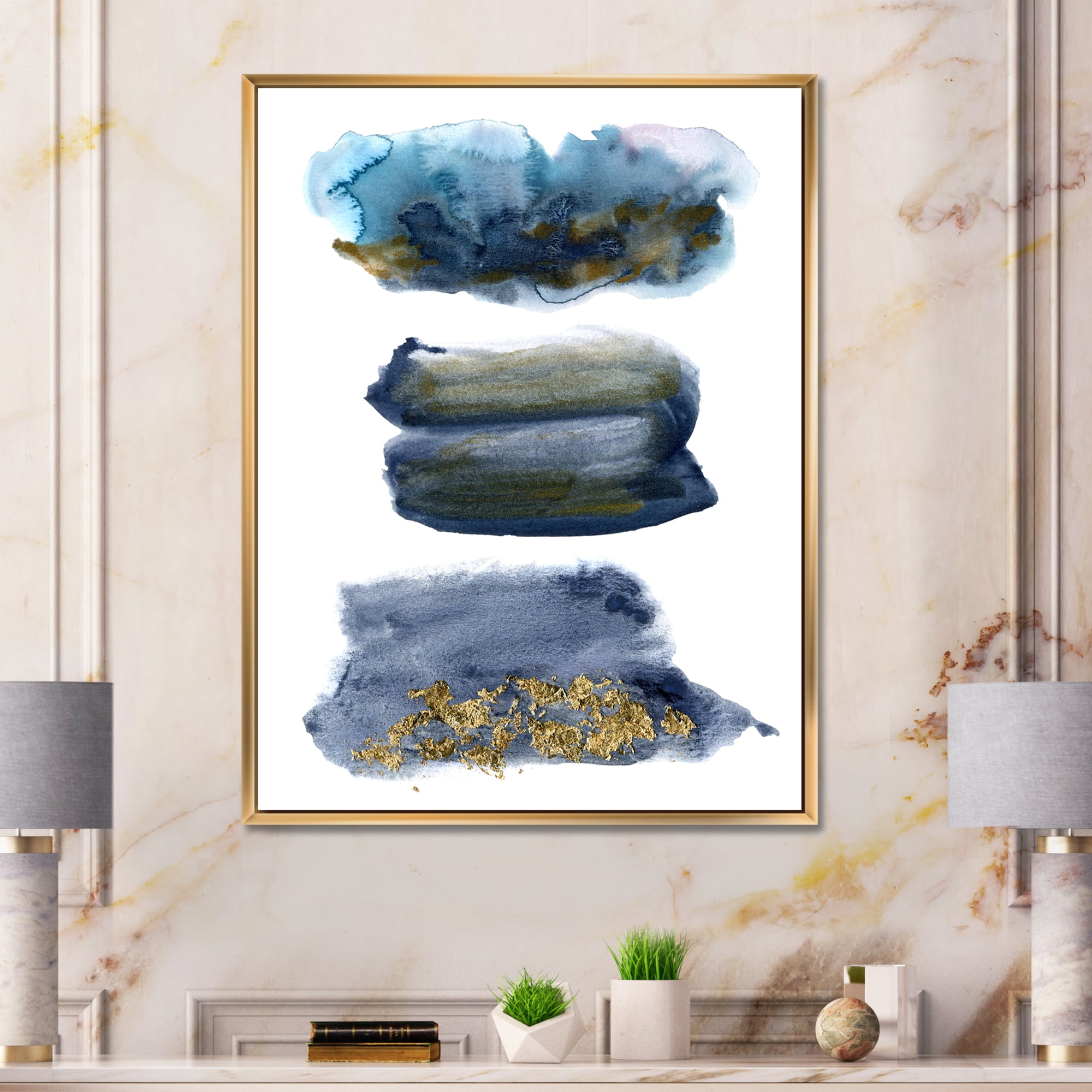Designart 'Abstracts Clouds With Golden Touches' Modern Framed Canvas Wall Art Print