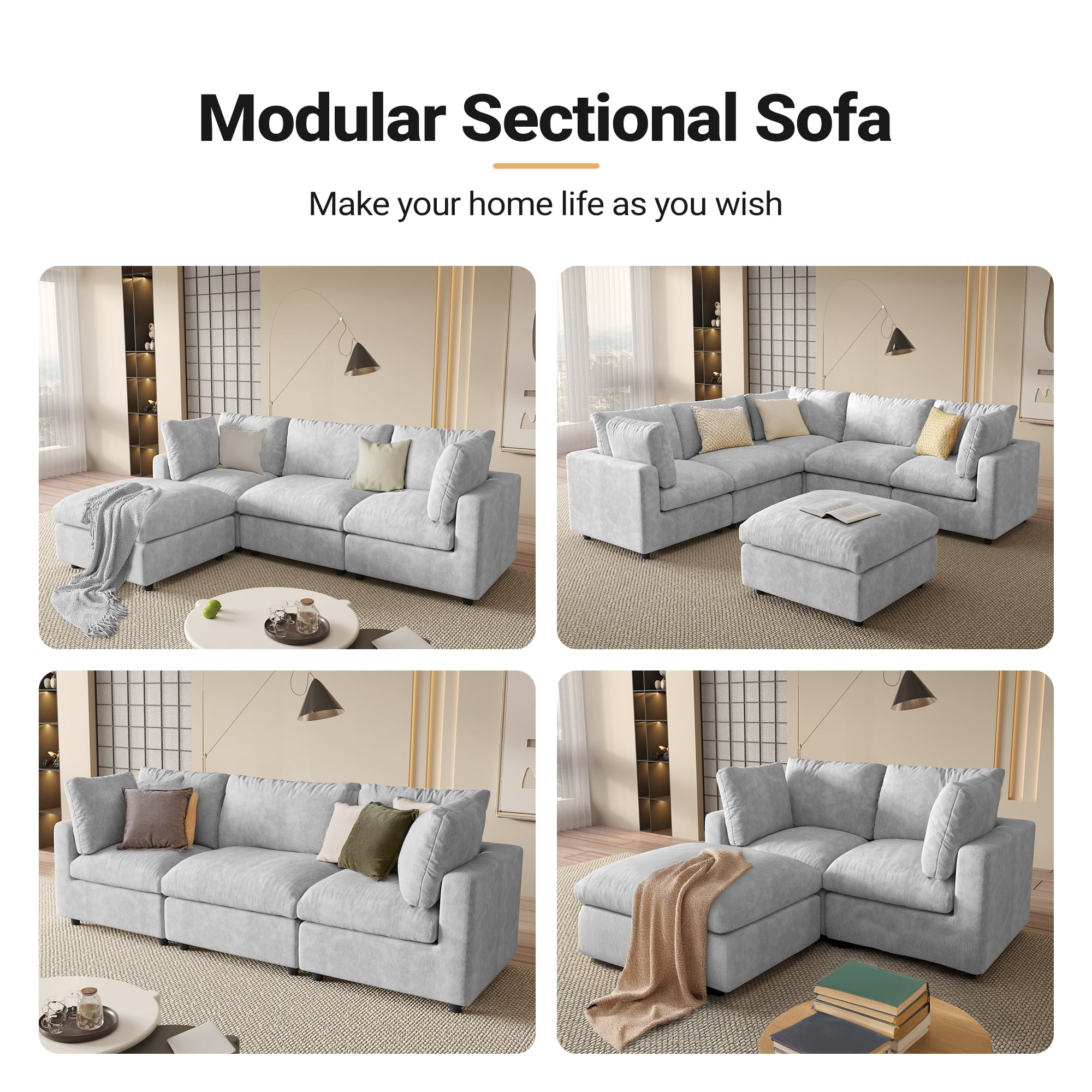 Magic Home Modern Chenille Movable Ottoman, Modular Sectional Sofa