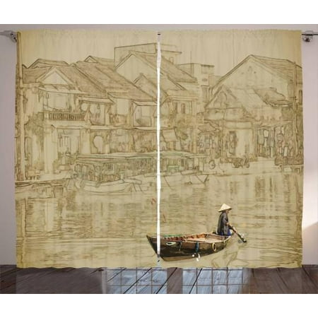 - Vintage Boat Curtains 2 Panels Set, Vietnam Scenery with A Traditional Ship Sailing on River Asian Culture View, Window Drapes for Living Room Bedroom, 108W X 96L Inches, Sepia Beige, by Ambesonne