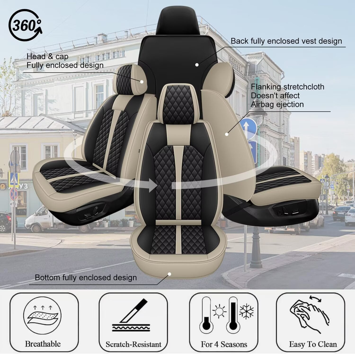 DIKSOAKR Car Seat Covers Full Set Fit for Toyota Tacoma 2016-2024: 5 Seat Auto Interior Accessories, Faux Leather Waterproof Car Seat Cushions Vehical Cover (Black&Beige)