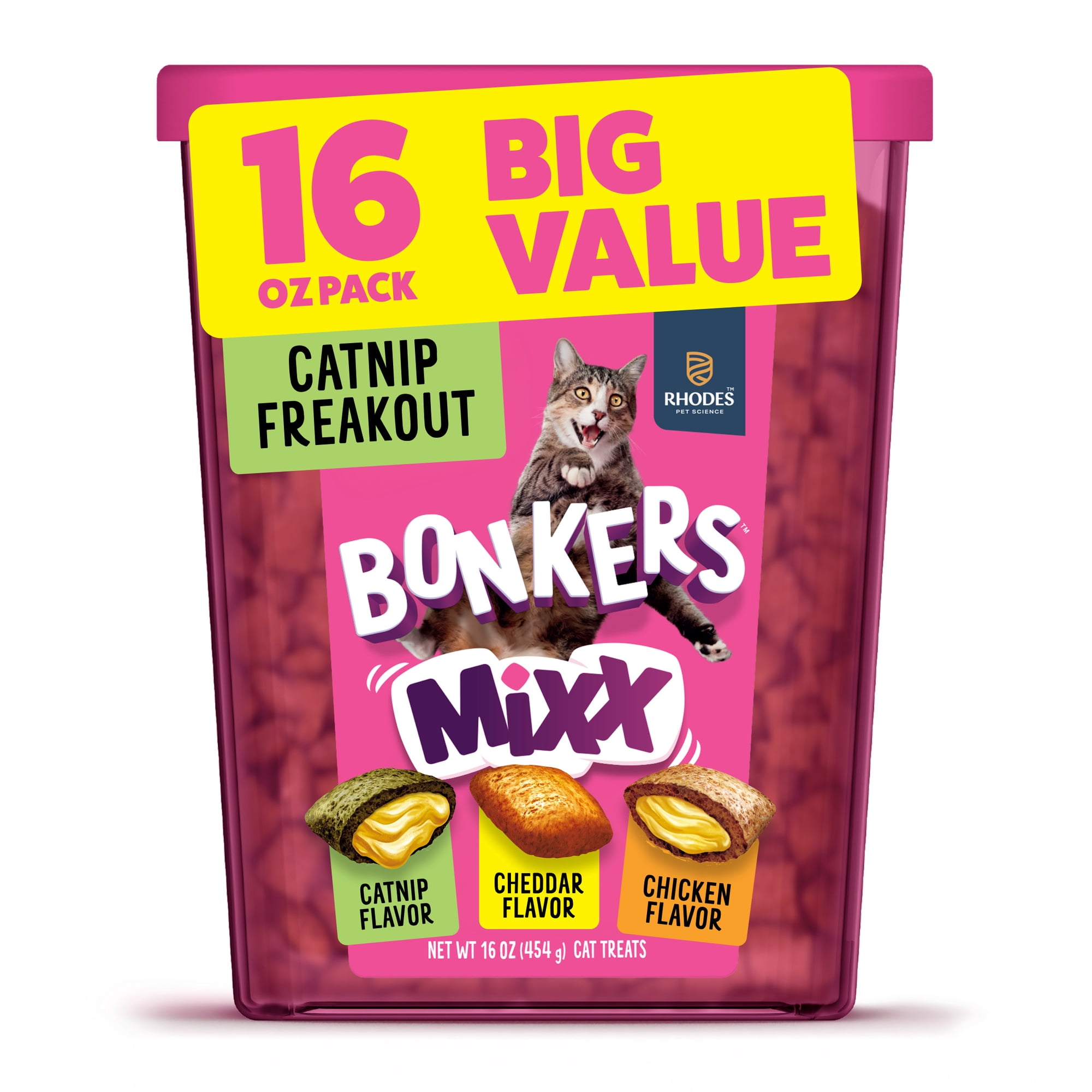 BONKERS Mixx Crunchy Cat Treats Catnip Freakout Variety Pack Catnip, Cheddar, and Chicken Flavors 16 oz Value Tub