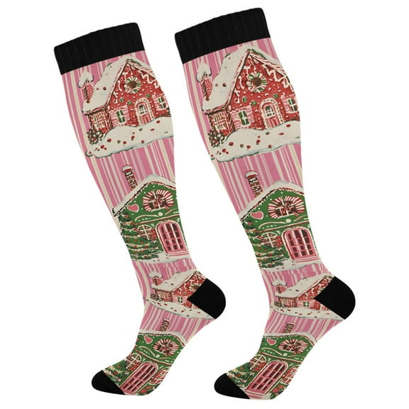 FORMRS Womens Knee High Socks Casual Long Thick Travel Daily Wear, 1 Pair, Pink Christmas House