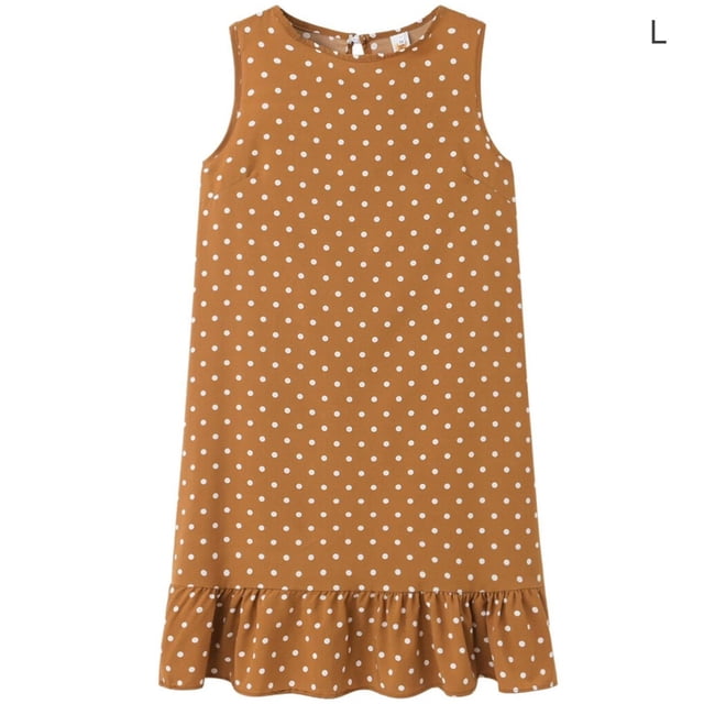 Femmes Robe Sans Manches Gilet à Pois Volants Robe Débardeur Col Rond Robe en Vrac, Kaki, L