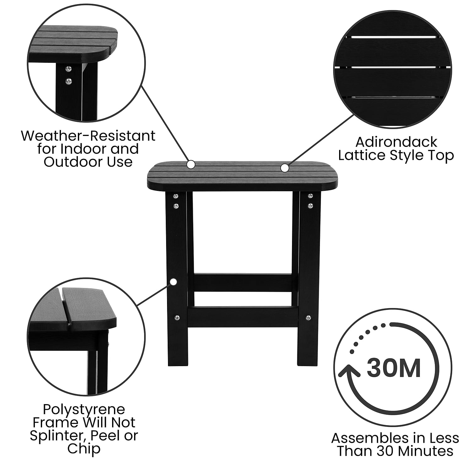 Flash Furniture 2 Pack Charlestown All-Weather Poly Resin Wood Adirondack Chairs with Side Table in Black
