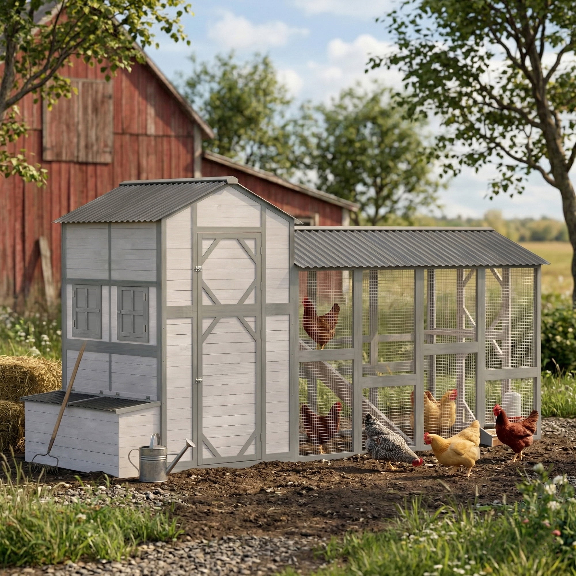 PawHut 147" Extra Large Chicken Coop, Wooden Hen House for 8-10 Hens, Outdoor Chicken House Poultry Hutch with Run, Gray