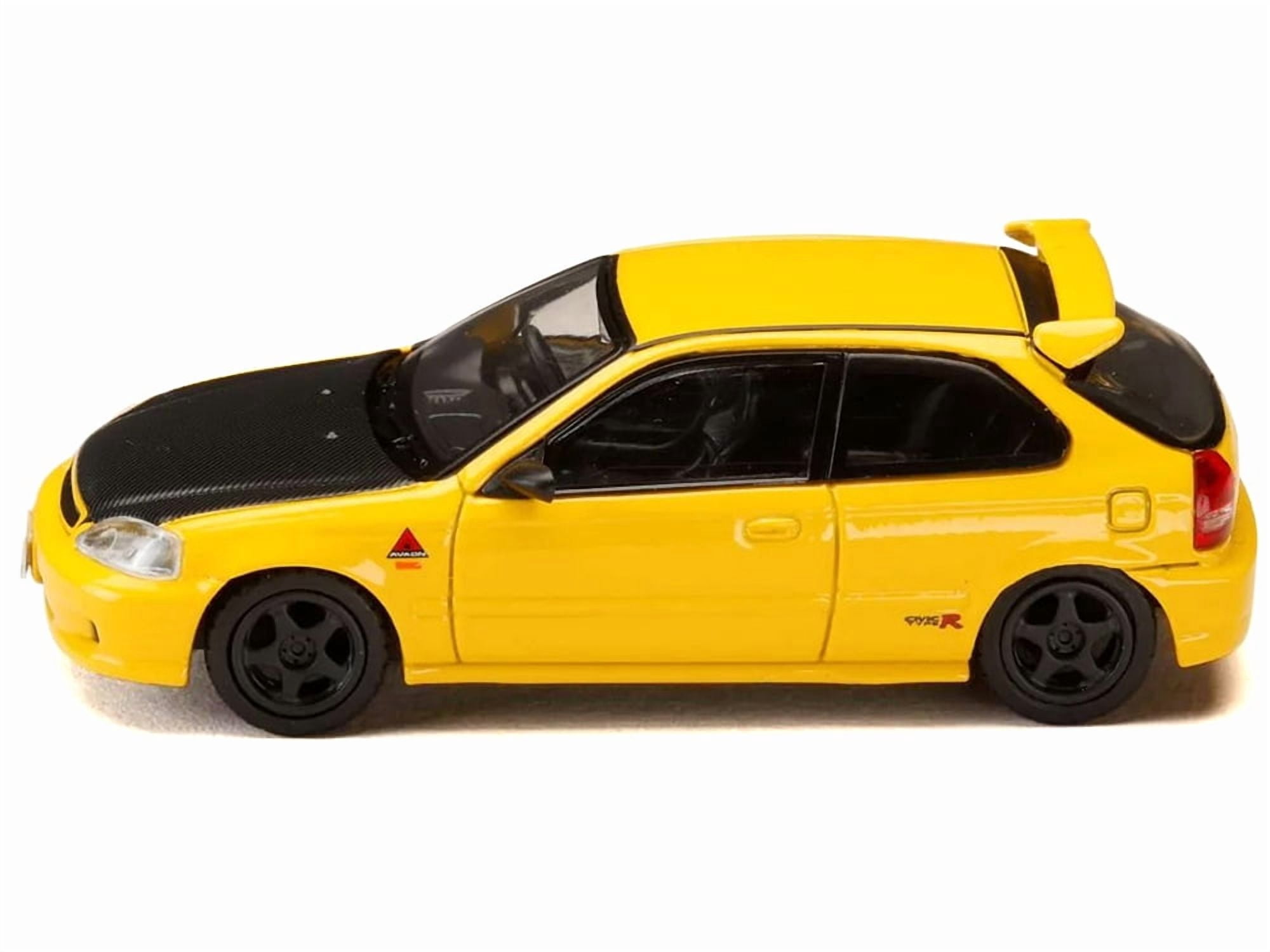 Honda Civic (EK9) RHD Yellow with Carbon Hood "Initial D" (1995-2013) Manga 1/64 Diecast Model Car by Hobby Japan