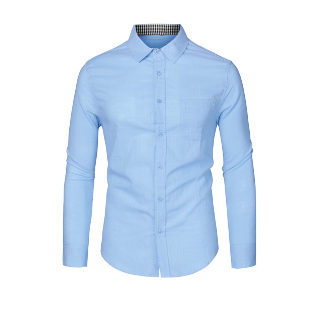 Camisa de vestir de oficina de manga larga con botones y cuello a cuadros en contraste de colores para hombre Azul claro S Unique Bargains