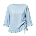 thumbnail image 6 of Tops for Women 3/4 Sleeve Round Neck Ruffle Side Drawstring Ruched Textured Casual Summer Blouse, 6 of 6
