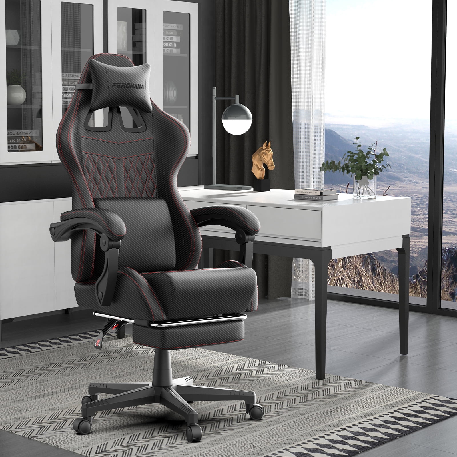SOONTRANS Gaming Chair with Footrest, Computer Game Chair with Massage Lumbar Support & Headrest, High Back Vintage Office Game Chair for Adults, Black
