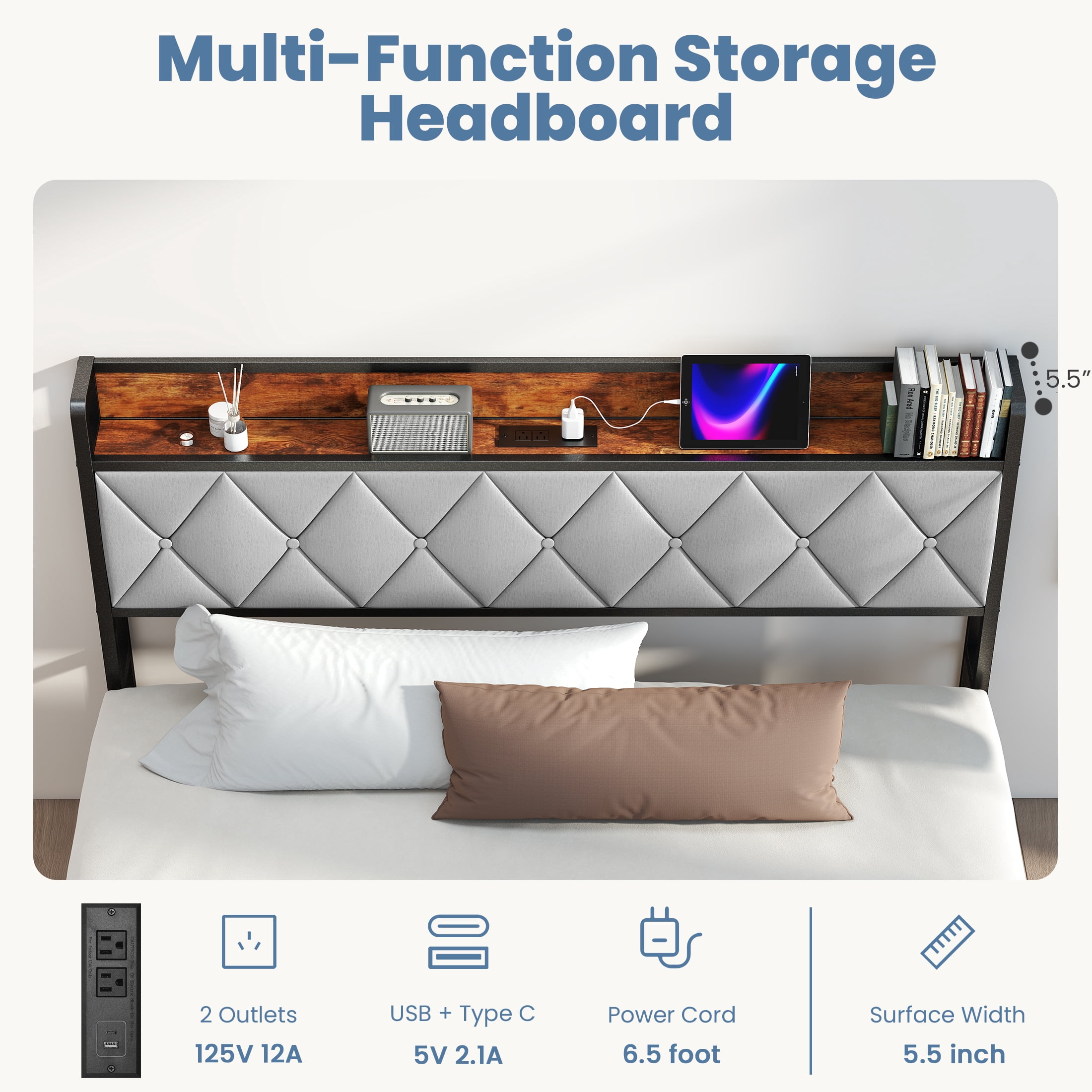 CONCETTA Queen Bed Frame, Heavy Duty Metal, Storage Headboard with Charging Station, Noise Free, No Spring Box Required, 880lbs Capacity