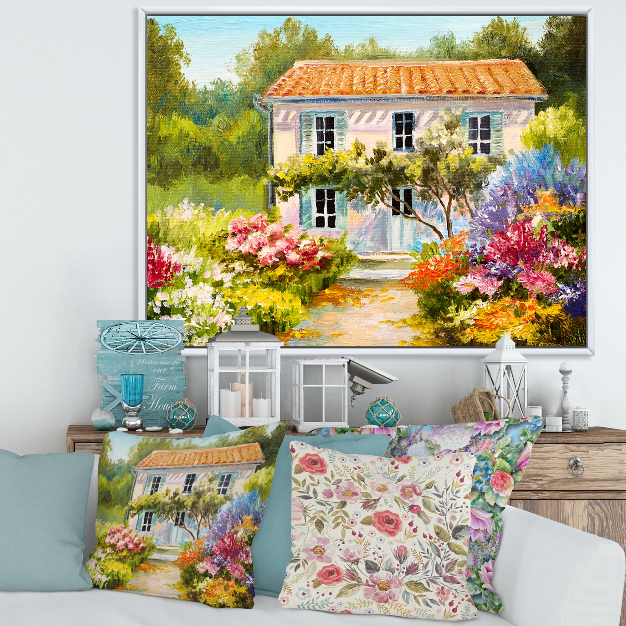 Designart 'The Mountain With Flowers With Little House II' Traditional Framed Canvas Wall Art Print