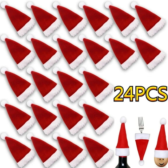 24Pcs Christmas Decoration Mini Santa Hat Cup Bottles Cover Small Santa Hats Silverware Holders Tiny Hat for Crafts Wine Bottle Cover Christmas Table Setting 2.5" x 4.5"