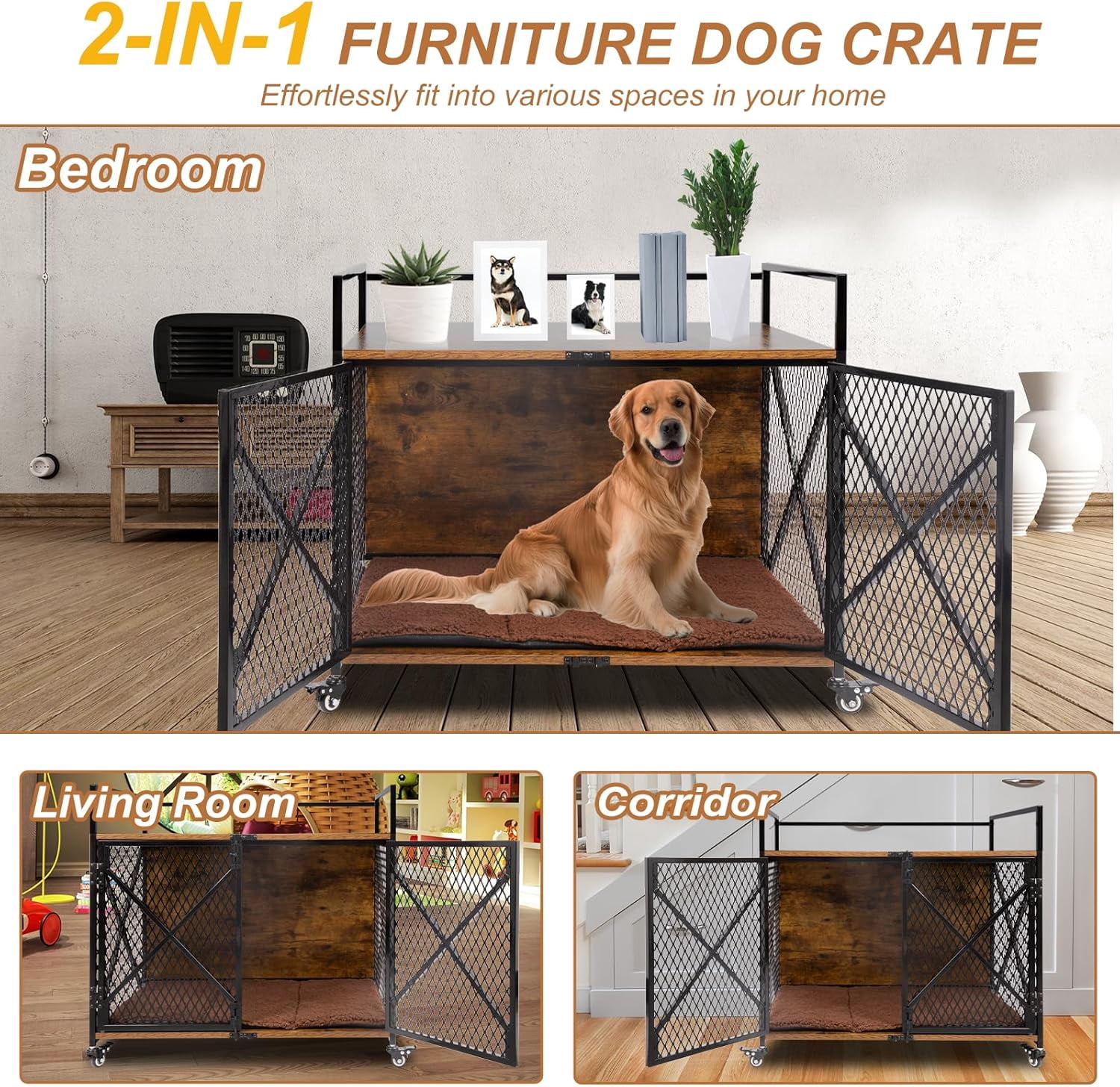 PETSCOSSET Dog Crate Furniture with Cushion, Double Door Wooden Dog Kennel Indoor with Wheels, 31.2"L x 20.5"W x 28.9"H