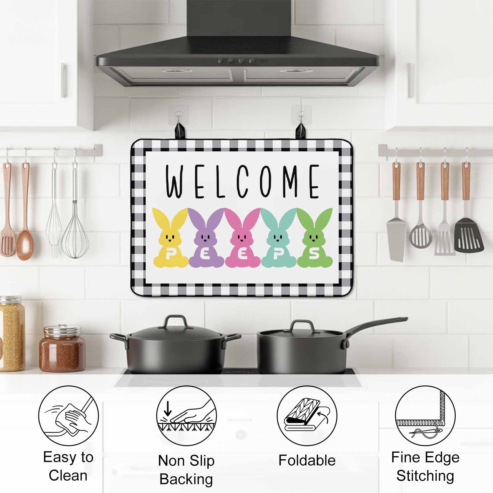 Bunny Easter Stove Top Cover for Electric Stove, Heat-proof & Non Slip Glass Top Stove Cover Protector, Black White Checkered Modern Art Kitchen Flat Cooktop Rubber Mat 24x21 Inches