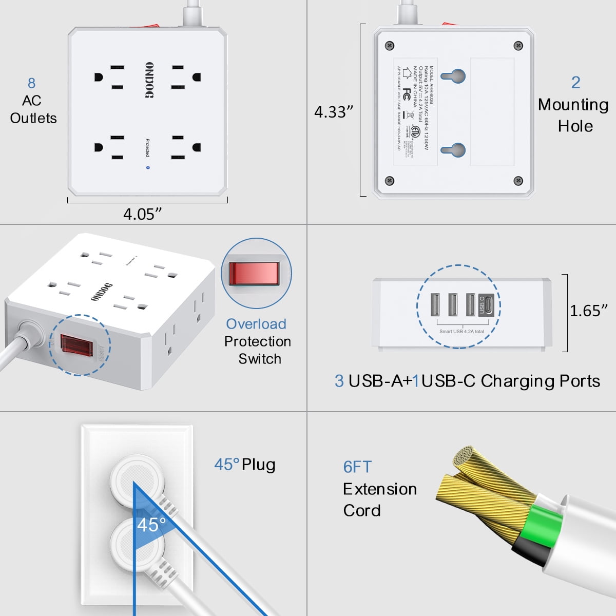 ONDOG 6 ft Extension Cord Power Strip with 4 USB Ports Widely Surge Protector Outlets , White