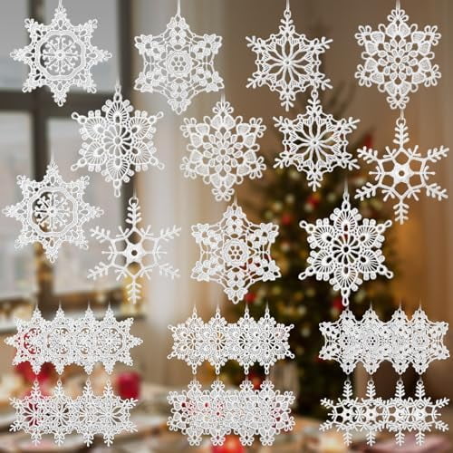 36 Pcs Christmas Snowflake Winter Ornaments Crochet Snowflake Decorations Hanging Ornaments for Christmas Tree Xmas Home Wall Holiday Party Gift, 6 Styles(White)