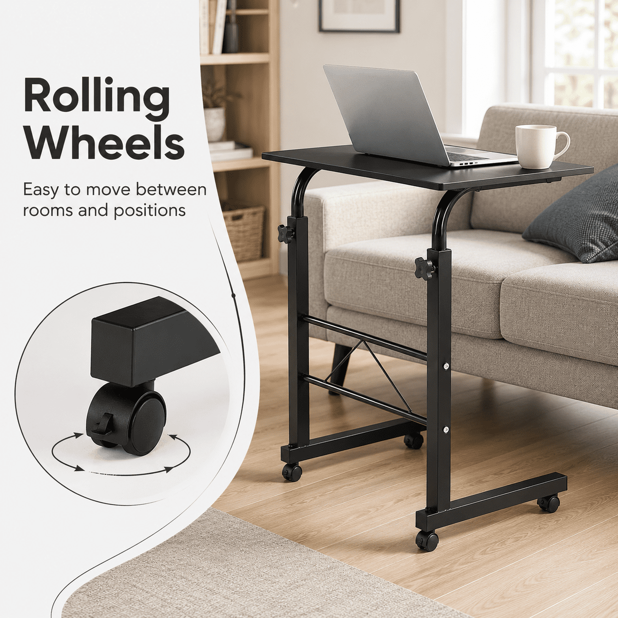 Alvantor Black Adjustable Rolling Laptop Table with Steel Frame