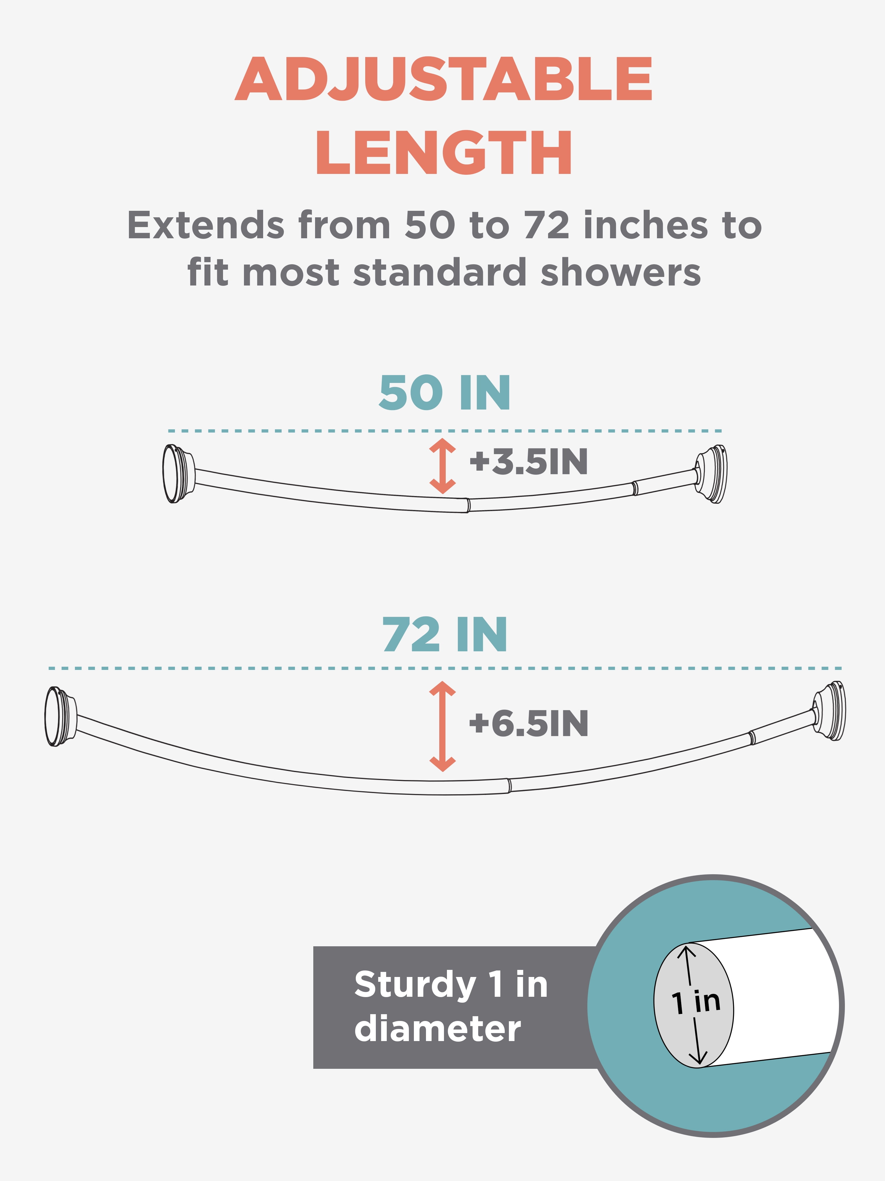 Zenna Home NeverRust Aluminum 50" to 72" Adjustable Curved Shower Curtain Tension Rod, Chrome