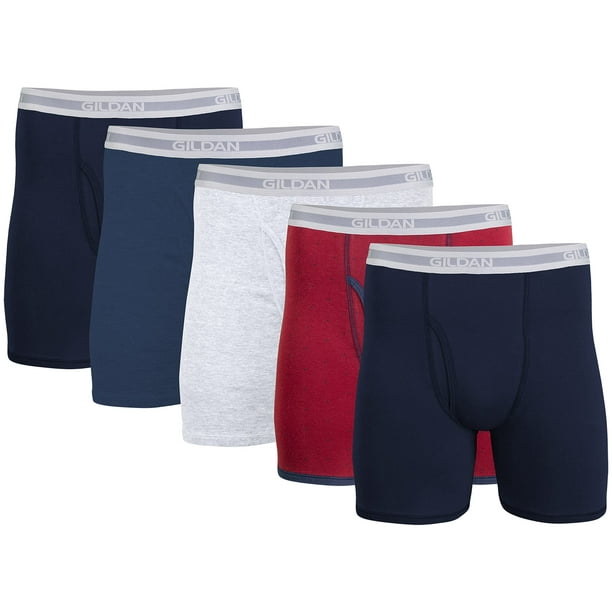 Gildan Men's Regular Leg Boxer Briefs, Multipack, Navy/Heather Navy/Sport  Grey Heather/Dot (5-Pack), Small 