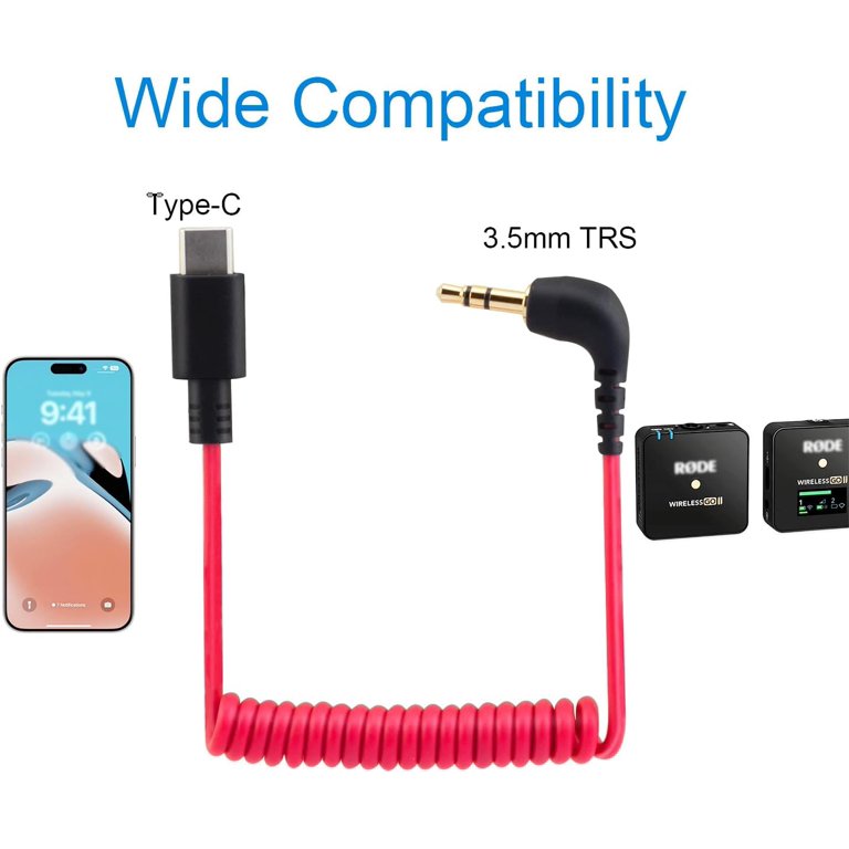 USB C to 3.5mm Cable for RODE Wireless Go II, Coiled Right Angle 