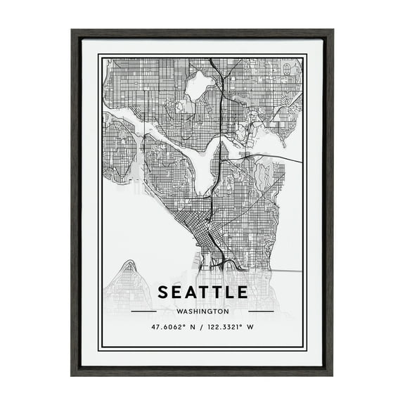 Kate and Laurel Sylvie Seattle Modern Map Framed Canvas Wall Art by Jake Goossen, 18x24 Gray, Decorative Map Art for Wall