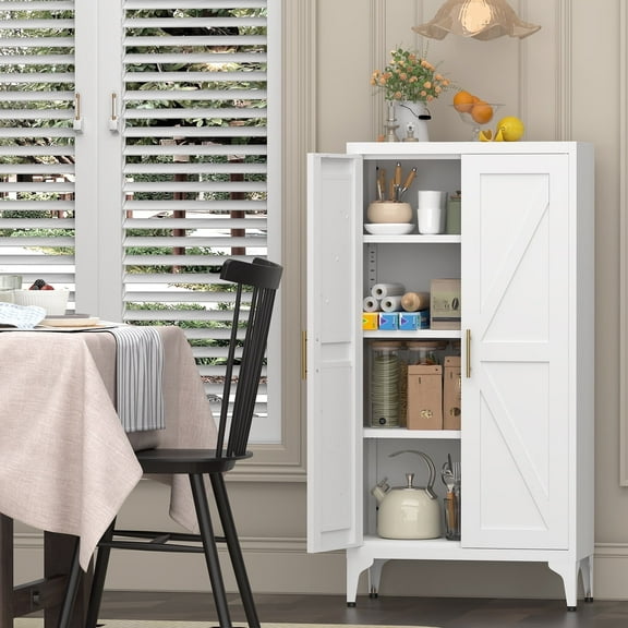 White Metal Storage Cabinet, 47" Steel Cabinets for Home Office, Kitchen Pantry Storage Cabinet with Doors and 3 Adjustable Shelves, for Office, Home, Garage, School