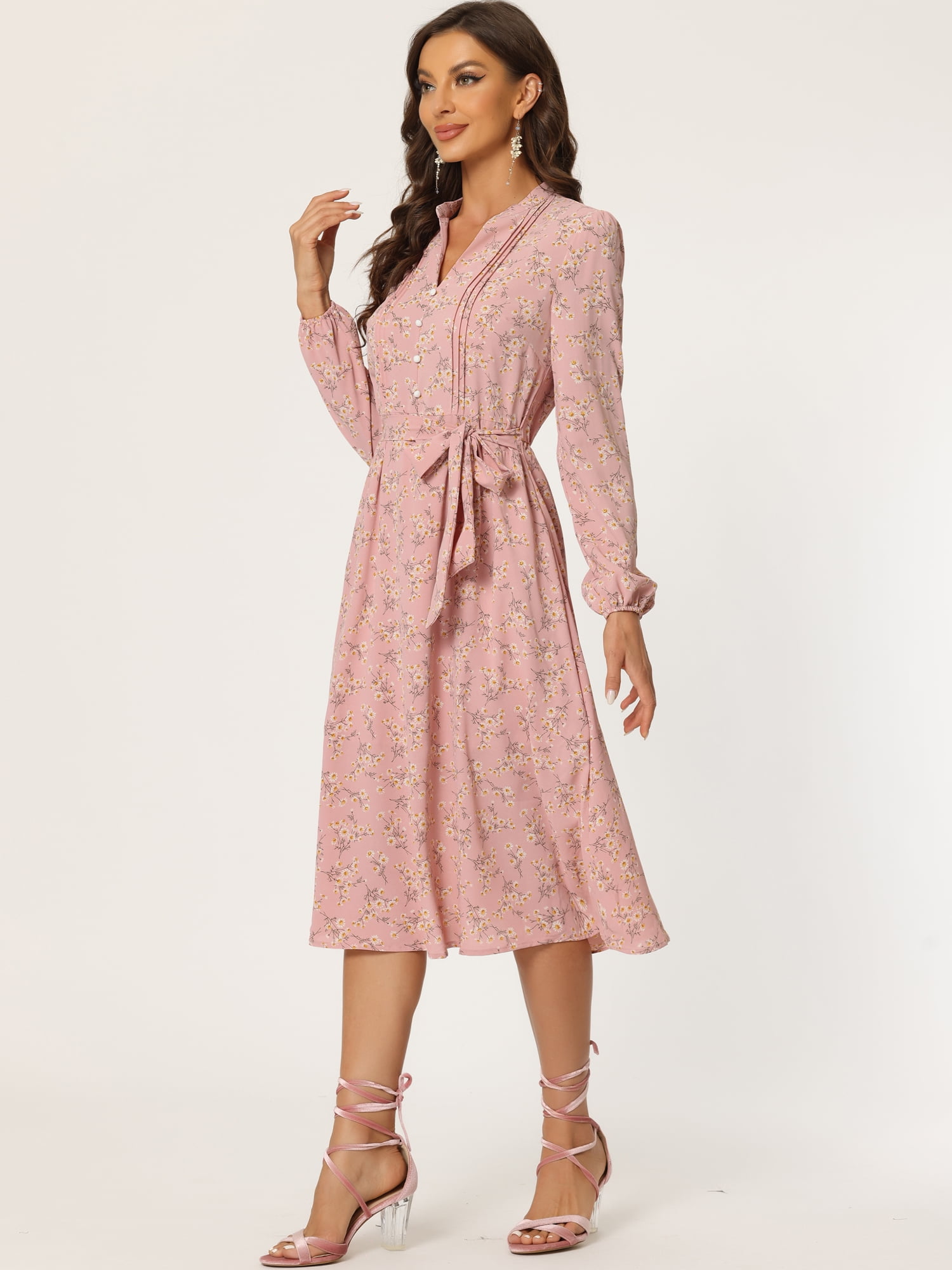 DARING DIVA Button Up Split Long Sleeve Floral Flowy Party Maxi Dress S Pink