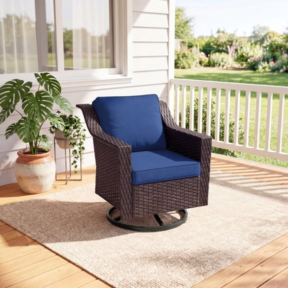 MeetLeisure Outdoor Swivel Chair, Patio Glider Wicker Rocker Seating with Cushions for Porch Deck Balcony, Dark Blue