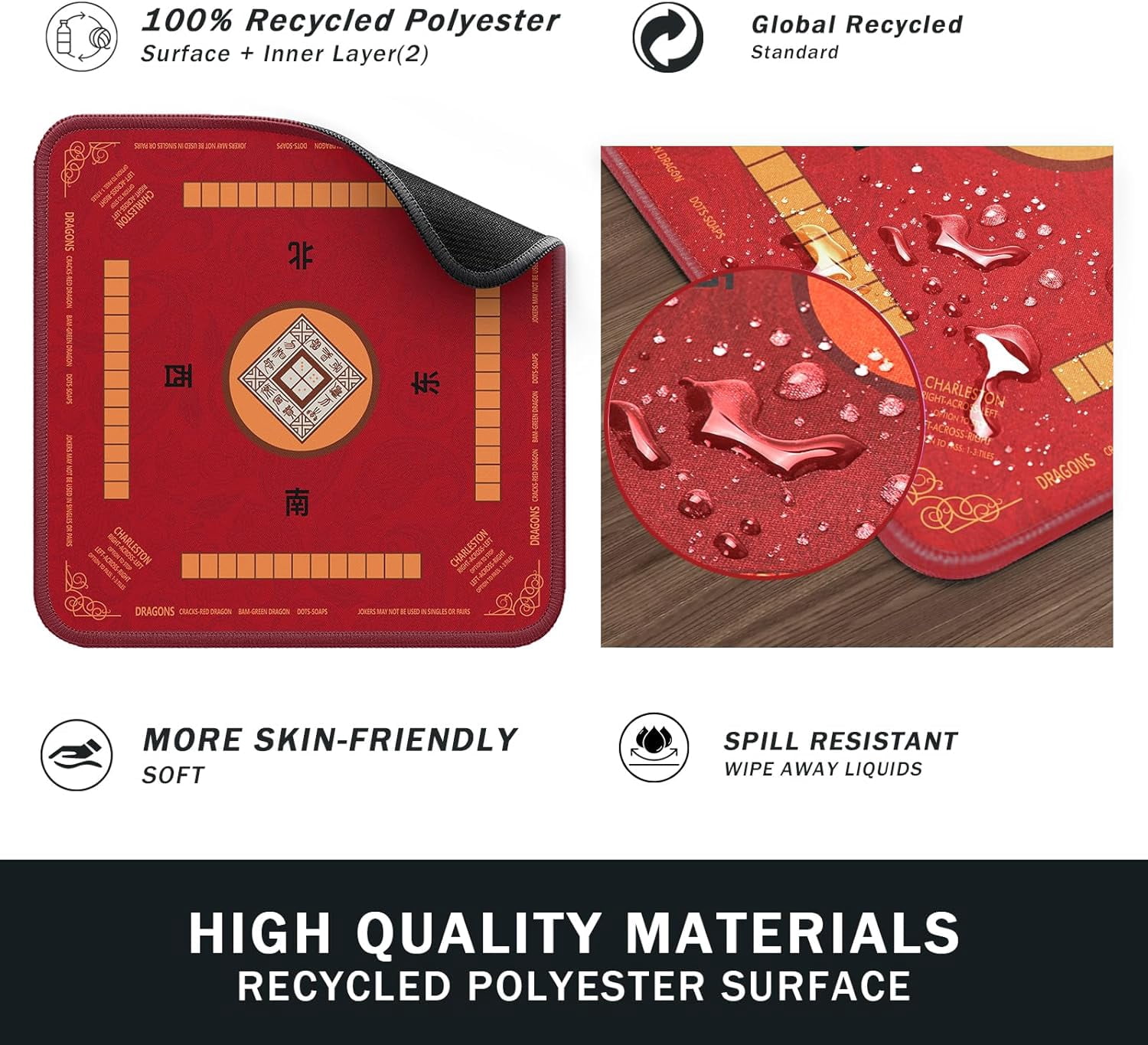 Mahjong Mat with Rules Card, Noise Reduction Non-Slip Mahjong Mat for Table Board Games Table Mat, Card Games, Tile Games, Dominoes (Red)