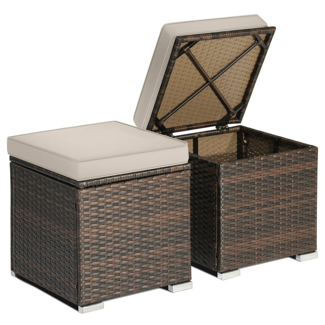 Patiojoy 2 Pieces Patio Ottoman Multipurpose Outdoor Wicker Footstool Storage Box Side Table w/ Solid Metal Frame Additional Seating w/ Removable Cushions Beige