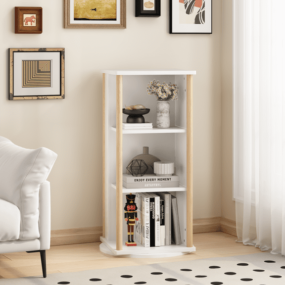 3 Tier Rotating Bookshelf, 360° Spinning Kids Bookshelf, Wood Revolving Bookcase & Toy Storage Organizer for Bedroom,Living Room,Nursery,Natural