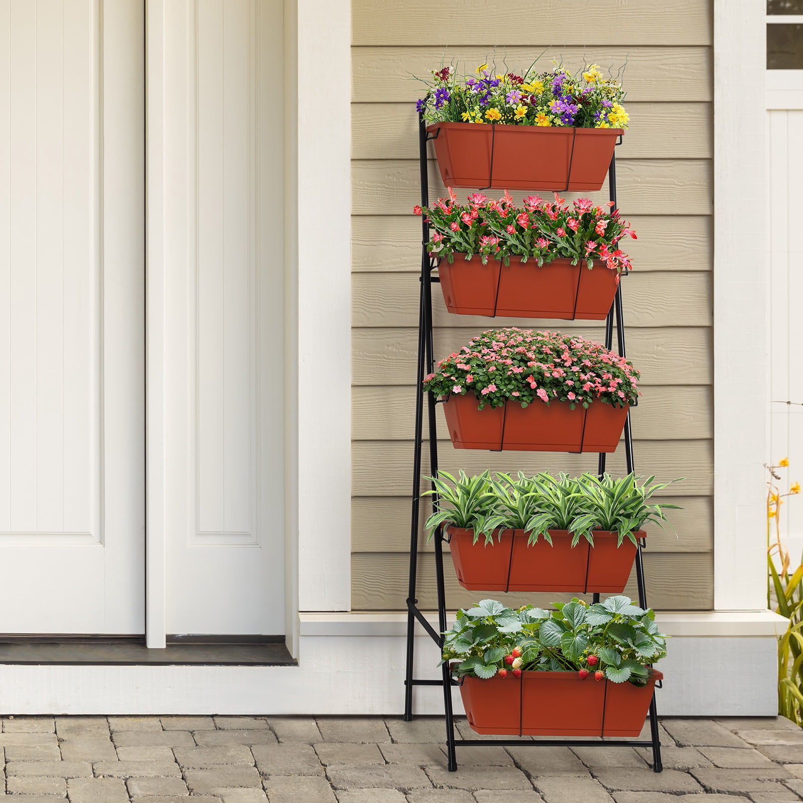 Outdoor 5-Tier Planter Rack with Drainage Holes and Removable Tray Brick Red Metal